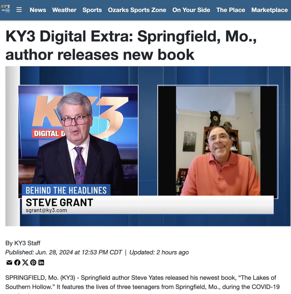 Screencapture of author Steve Yates talking to Steve Grant on KY3--a news channel--in Springfield, Missouri. The anchorman is wearing a suit and tie with a big number 3 on the wall behind him, while Steve Yates on a split screen is wearing a casual orange golf shirt. 